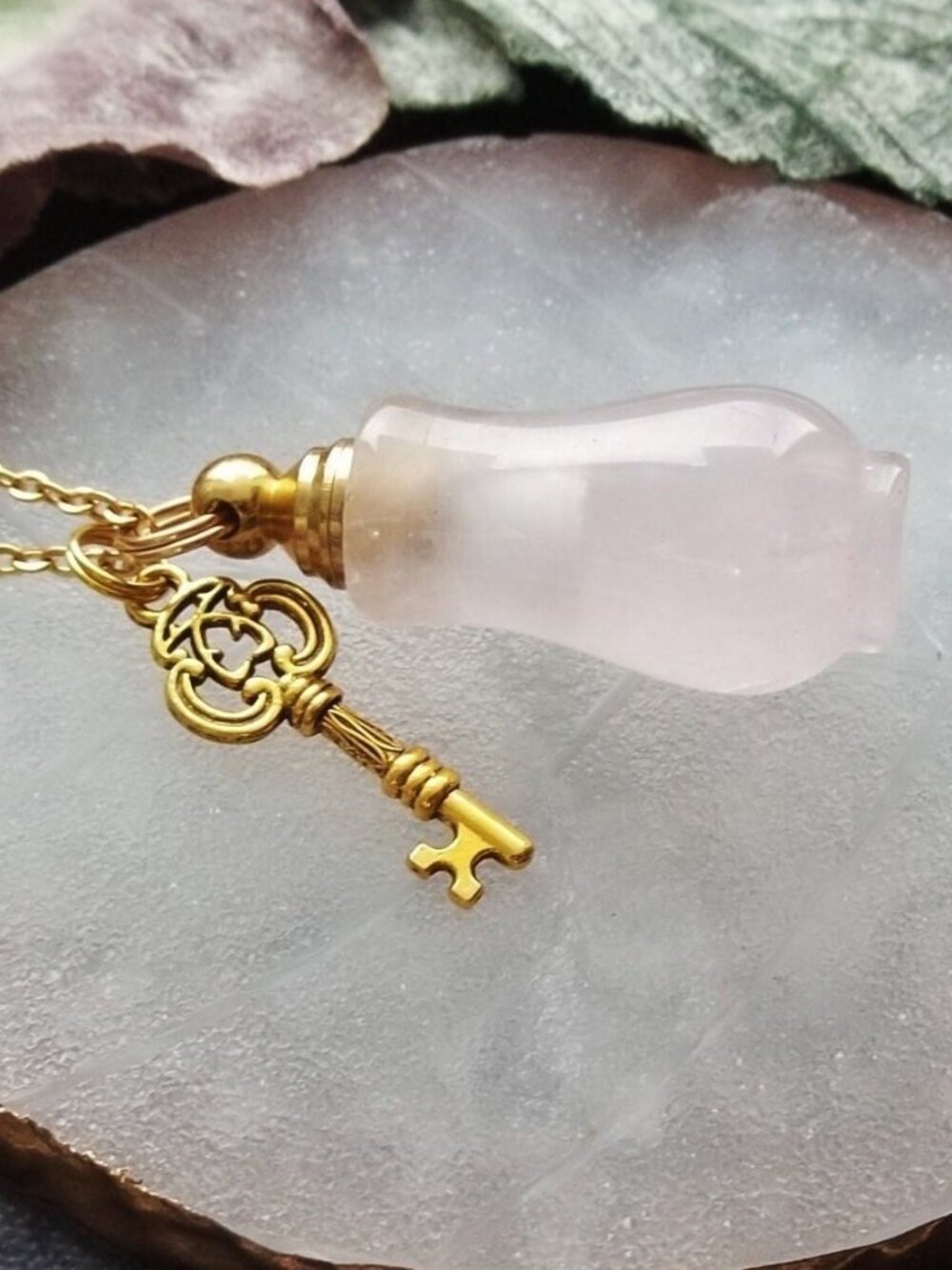Natural Rose Quartz Crystal Perfume Bottle Pendant Key Charm Necklace